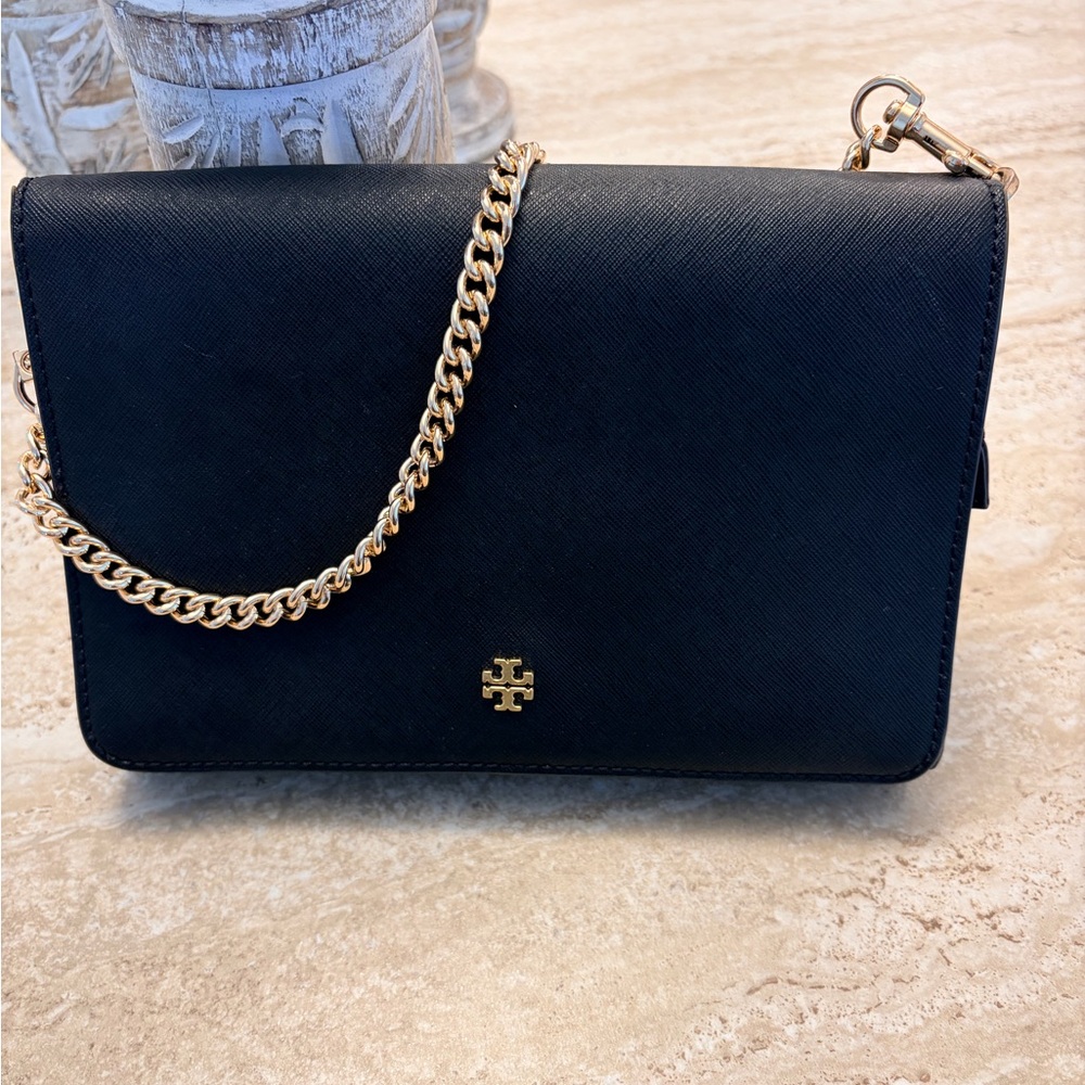 Tory Burch Emerson Black Saffiano Leather Bag with Gold Chain Strap